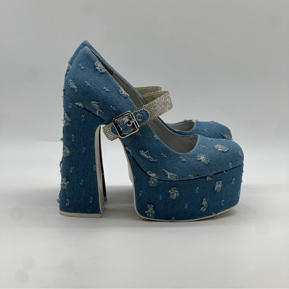 YRU Denim Blue Distressed Platform Mary Jane Heels with Silver Strap